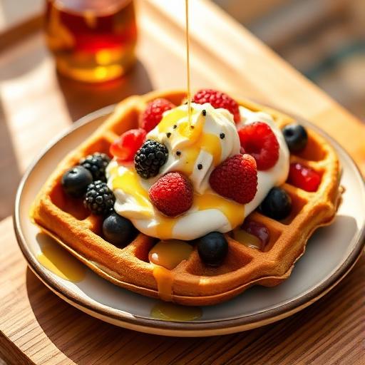 Belgian waffle with berries and honey